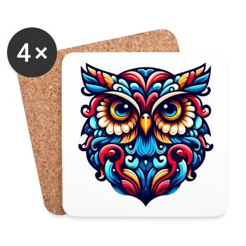 OWL EAGLE OWL BIRD OF PREY TAWNY OWL FEATHER RAINBOW COLORFUL - Coasters (set of 4) - white - Front