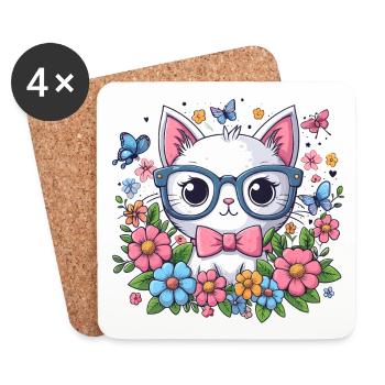 KATZE MIEZE KÄTZCHEN HAUSTIER BLUME WIESE FRÜHLING - Untersetzer (4er-Set) - Weiß - Vorne