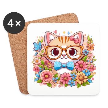 KATZE MIEZE KÄTZCHEN HAUSTIER BLUME WIESE FRÜHLING - Untersetzer (4er-Set) - Weiß - Vorne
