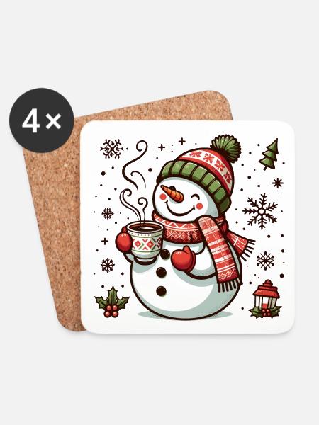 SCHNEEMANN KÄLTE GETRÄNK WÄRME KAFFEE TEE WINTER - Untersetzer (4er-Set) - Weiß