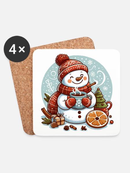 SCHNEEMANN KÄLTE GETRÄNK WÄRME KAFFEE TEE WINTER - Untersetzer (4er-Set) - Weiß
