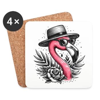 FLAMANT ROSE RÉTRO CHAPEAU LUNETTES ROSE PLANTE GARÇON HOMME - Dessous de verre (lot de 4) - blanc - Devant