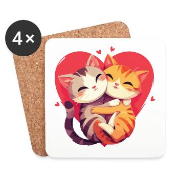 Katzen Liebe Umarmung Kuscheln Herz Süß Niedlich - Untersetzer (4er-Set) - Weiß - Vorne