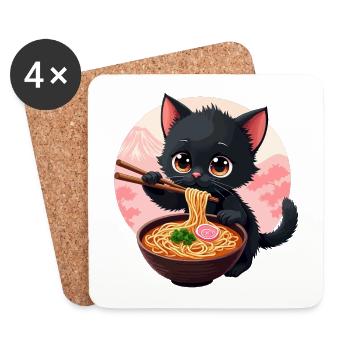 Cute Japanese Cat Eating Ramen Noodle Dish - Coasters (set of 4) - white - Front