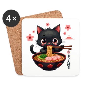 Cute Japanese Cat Eating Ramen Noodle Dish - Coasters (set of 4) - white - Front