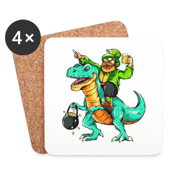St. Patricks Day Leprechaun Kobold Dino T-Rex Bier - Untersetzer (4er-Set) - Weiß - Vorne