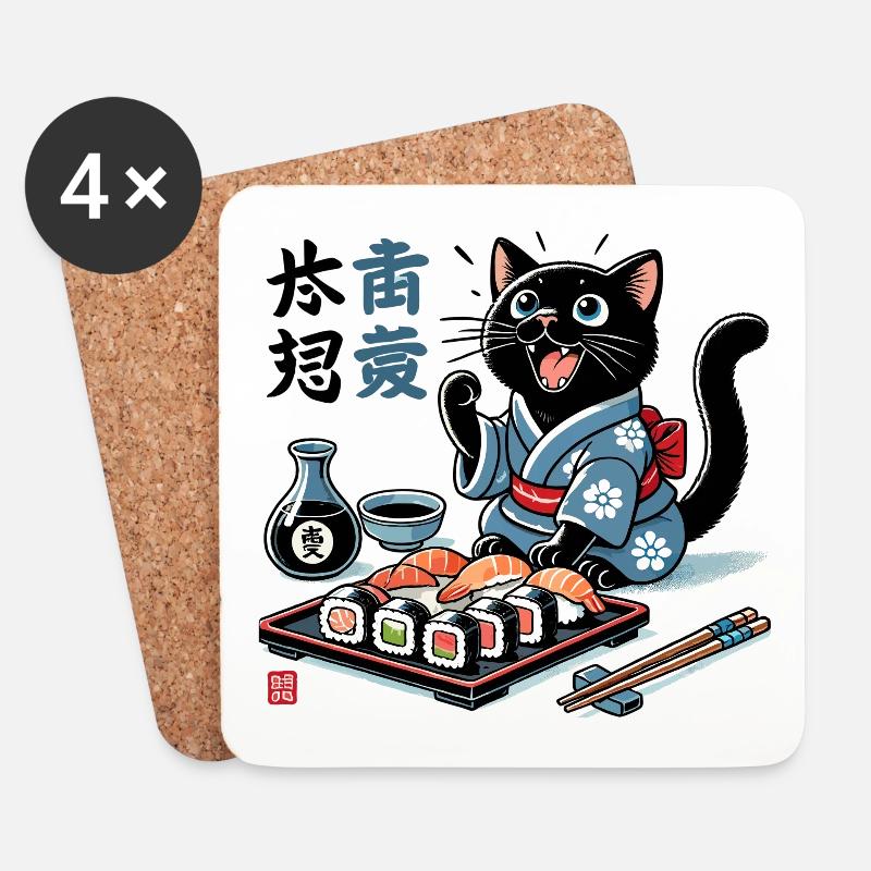 Sushi Schwarze Katze Kimono Maki Nigiri Geschenk - Untersetzer (4er-Set) - Weiß