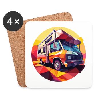 Retro Camping Design – Low Poly Tent & Camper - Coasters (set of 4) - white - Front