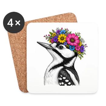 Oiseau à la couronne de fleurs - Dessous de verre (lot de 4) - blanc - Devant