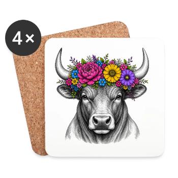 Floral Wreath Bull Head Illustration - Coasters (set of 4) - white - Front