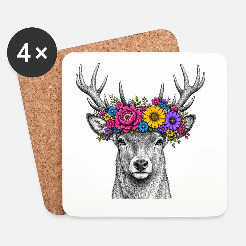 Blumenkranz Hirsch Portrait - Untersetzer (4er-Set) - Weiß