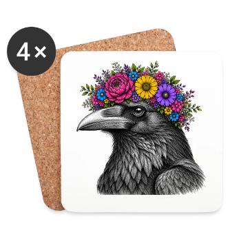 Crow's Head with Flower Crown - Coasters (set of 4) - white - Front