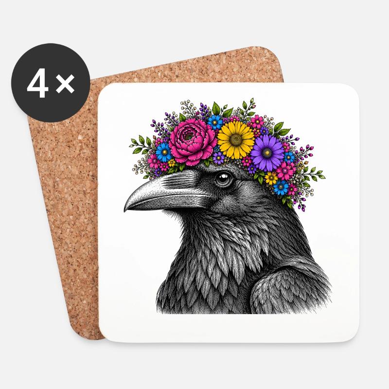 Crow's Head with Flower Crown - Coasters (set of 4) - white