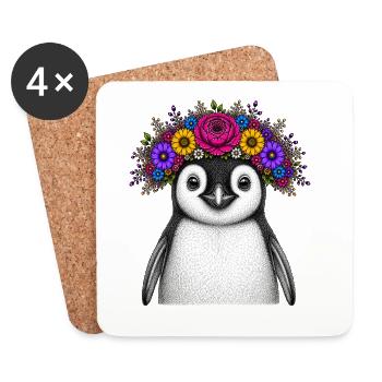 Pinguin mit Blumenkrone - Untersetzer (4er-Set) - Weiß - Vorne