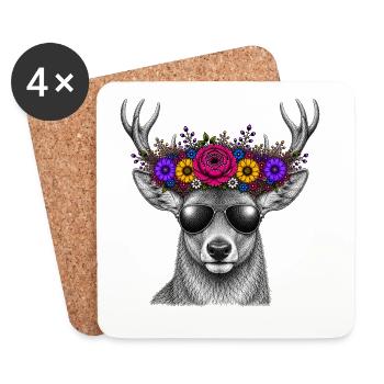 Cerf avec couronne de fleurs et lunettes de soleil - Dessous de verre (lot de 4) - blanc - Devant
