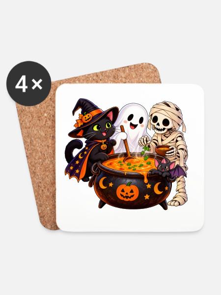 Fröhliche Halloween Runde - Spaß am Hexenkessel - Untersetzer (4er-Set) - Weiß