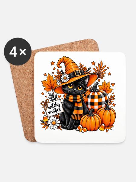 Witchy Vibes Schwarze Katze Halloween-Kürbis - Untersetzer (4er-Set) - Weiß