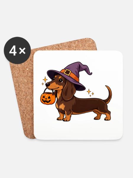 Dackel Hexenhut Halloween - Untersetzer (4er-Set) - Weiß