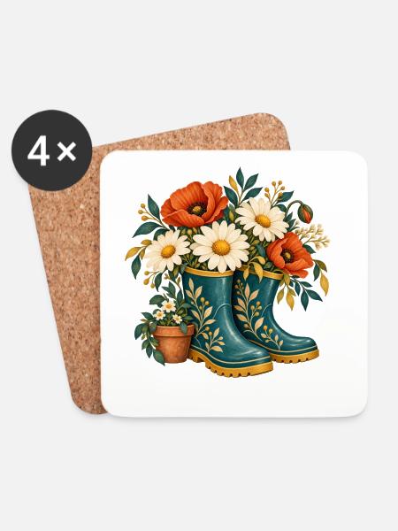 Blumen im türkisfarbenen Stiefel - Untersetzer (4er-Set) - Weiß