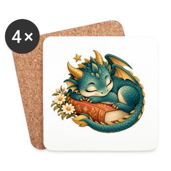 Schlafender Drache zwischen Buch und Blumen - Untersetzer (4er-Set) - Weiß - Vorne