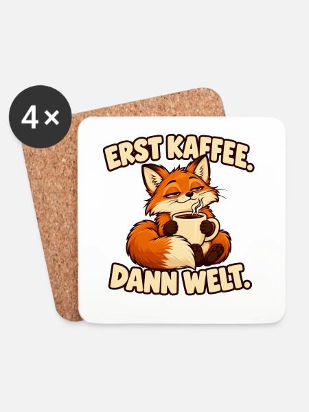 Erst Kaffee, dann Welt – Fuchs Kaffee Geschenk - Untersetzer (4er-Set) - Weiß