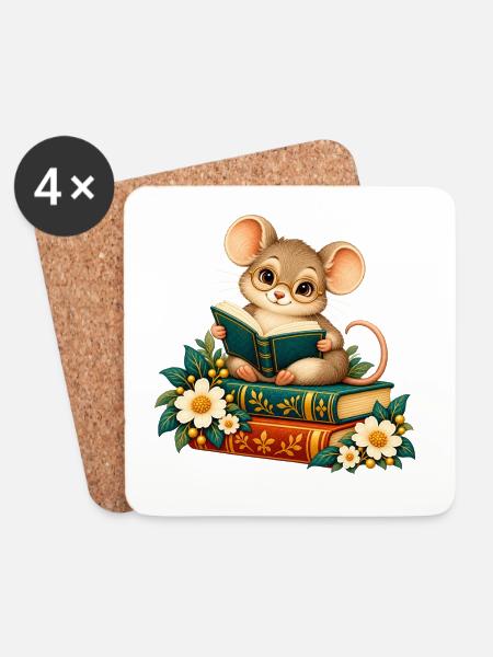 Lesermaus zwischen Büchern und Blumen - Untersetzer (4er-Set) - Weiß