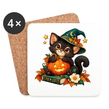 Halloween-Katze mit verzaubertem Kürbis - Untersetzer (4er-Set) - Weiß - Vorne