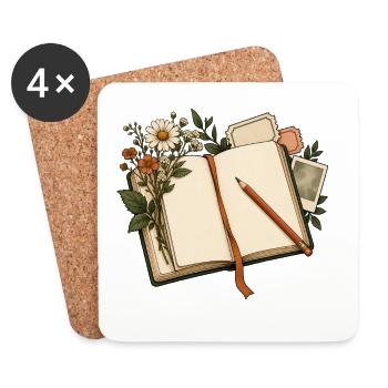 Journaling - Notizbuch mit Blumen und Bleistift - Untersetzer (4er-Set) - Weiß - Vorne