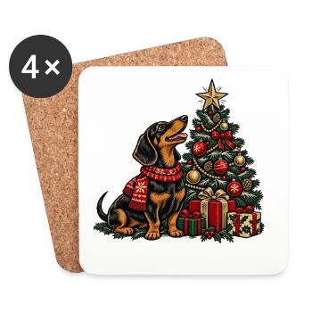 Dackel und Weihnachtsbaum Szene - Untersetzer (4er-Set) - Weiß - Vorne