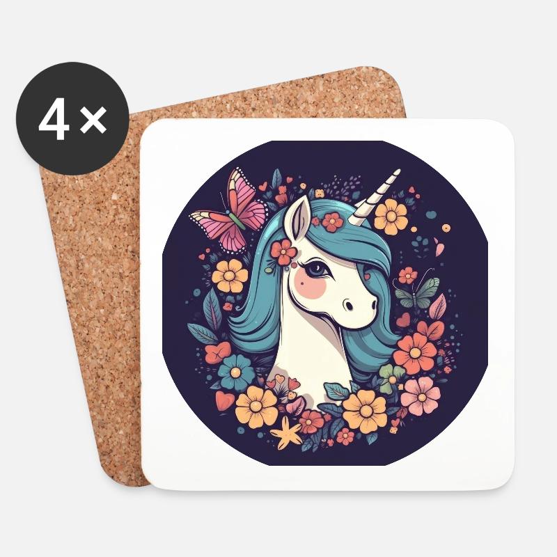 Elegantes Einhorn mit Schmetterling Blumen - Untersetzer (4er-Set) - Weiß