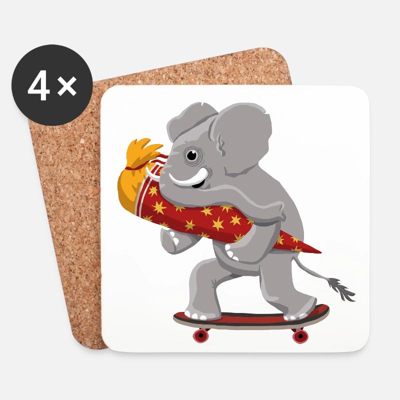 Elefant mit Skateboard und Schultüte - Untersetzer (4er-Set) - Weiß