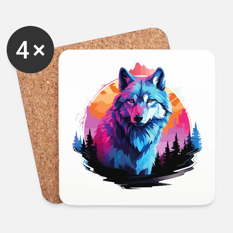 Wolf Wolfskopf Wölfe Wolfsrudel Natur Neon Bunt - Untersetzer (4er-Set) - Weiß