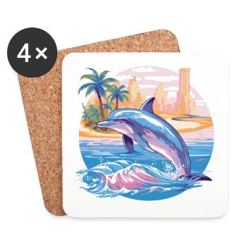 Dolphin Summer Sun Beach Sea Palm Trees Holiday - Coasters (set of 4) - white - Front