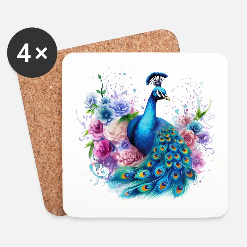 Pfau Pfauenfeder Blumen Bunt Farbenfroh Kunst - Untersetzer (4er-Set) - Weiß