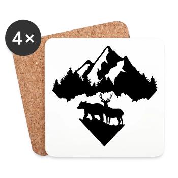 Montagne, forêt, cerf et ours - bicolore - Dessous de verre (lot de 4) - blanc - Devant