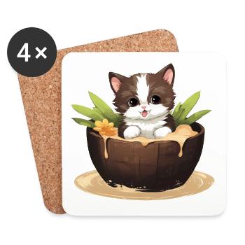 Cat with Coconut, Cute Summer Design - Coasters (set of 4) - white - Front