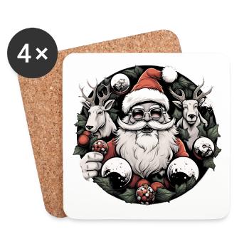 Père Noël avec cerf et lunettes de soleil - Dessous de verre (lot de 4) - blanc - Devant