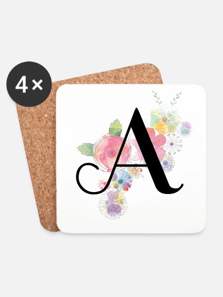 Monogram Letter A with Pastel Flowers - Coasters (set of 4) - white