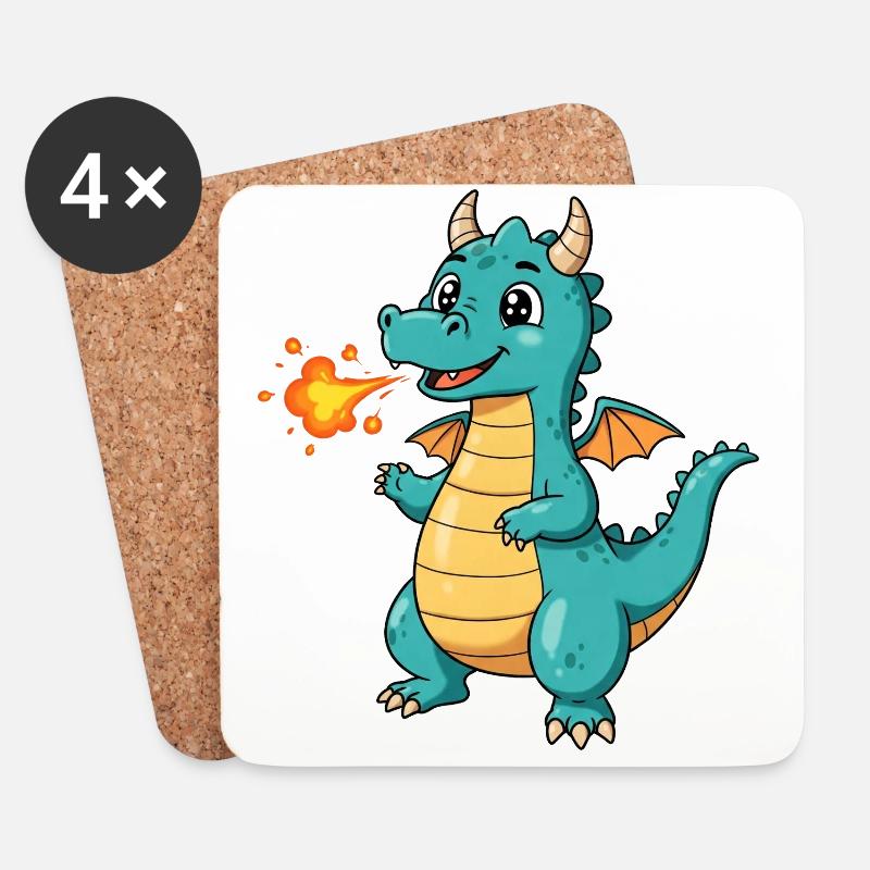 Dino Cartoon Drache mit Feuer - Untersetzer (4er-Set) - Weiß