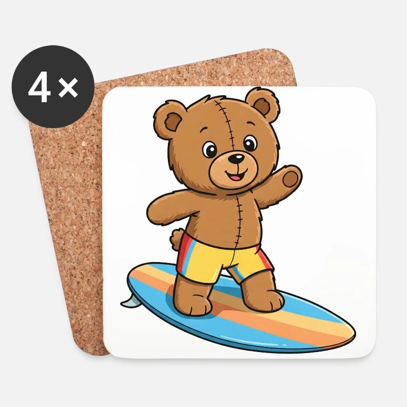 Teddybär Surfer - Untersetzer (4er-Set) - Weiß