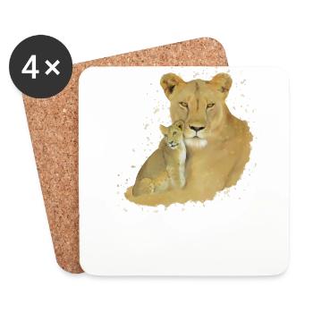 Lionne + Bébé - Gros Chat - Chat - Afrique - Dessous de verre (lot de 4) - blanc - Devant