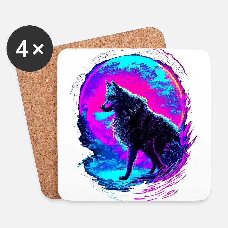 Wolf Neon Moon Synthwave - Untersetzer (4er-Set) - Weiß