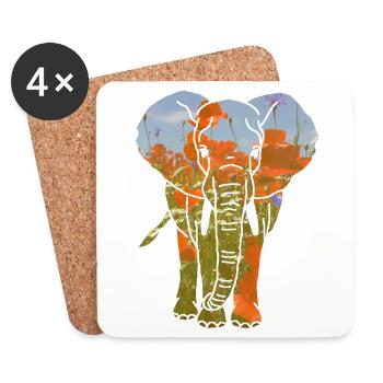 Elefant, Mohnblumen - Untersetzer (4er-Set) - Weiß - Vorne
