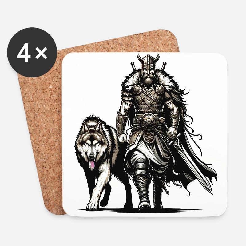 Ein Wikingerkrieger mit seinem wilden Wolf. - Untersetzer (4er-Set) - Weiß