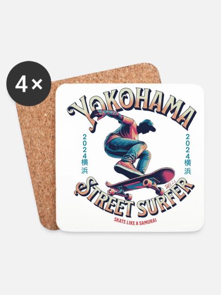 Yokohama Street Surfer - Skate like a Samurai - Coasters (set of 4) - white
