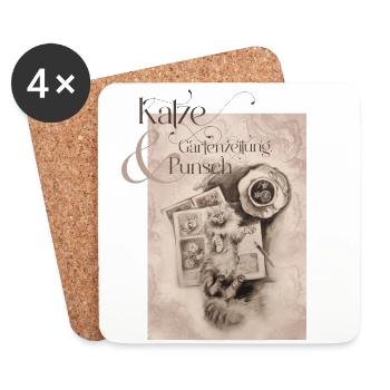 Katze, Gartenzeitung und Punsch II - Untersetzer (4er-Set) - Weiß - Vorne