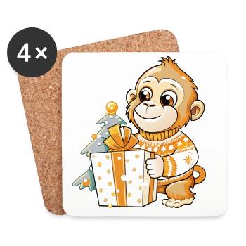 Cute monkey unwrapping gift - Coasters (set of 4) - white - Front