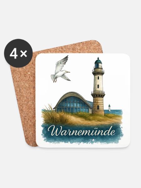Warnemünde Teepot und Leuchtturm mit Möwe - Untersetzer (4er-Set) - Weiß