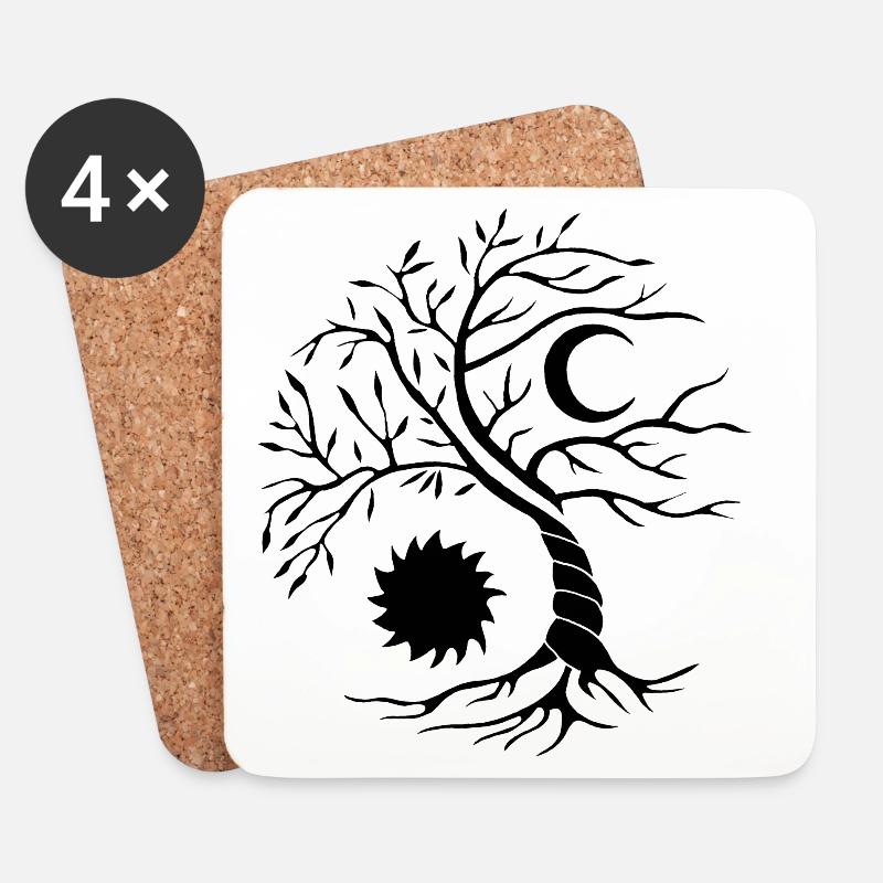 Baum des Lebens schwarze Sonne und Mond - Untersetzer (4er-Set) - Weiß