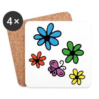 Bunte Blumen und Schmetterling - Untersetzer (4er-Set) - Weiß - Vorne
